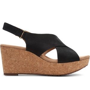 Clarks Black Suede Wedge with Cork Sole